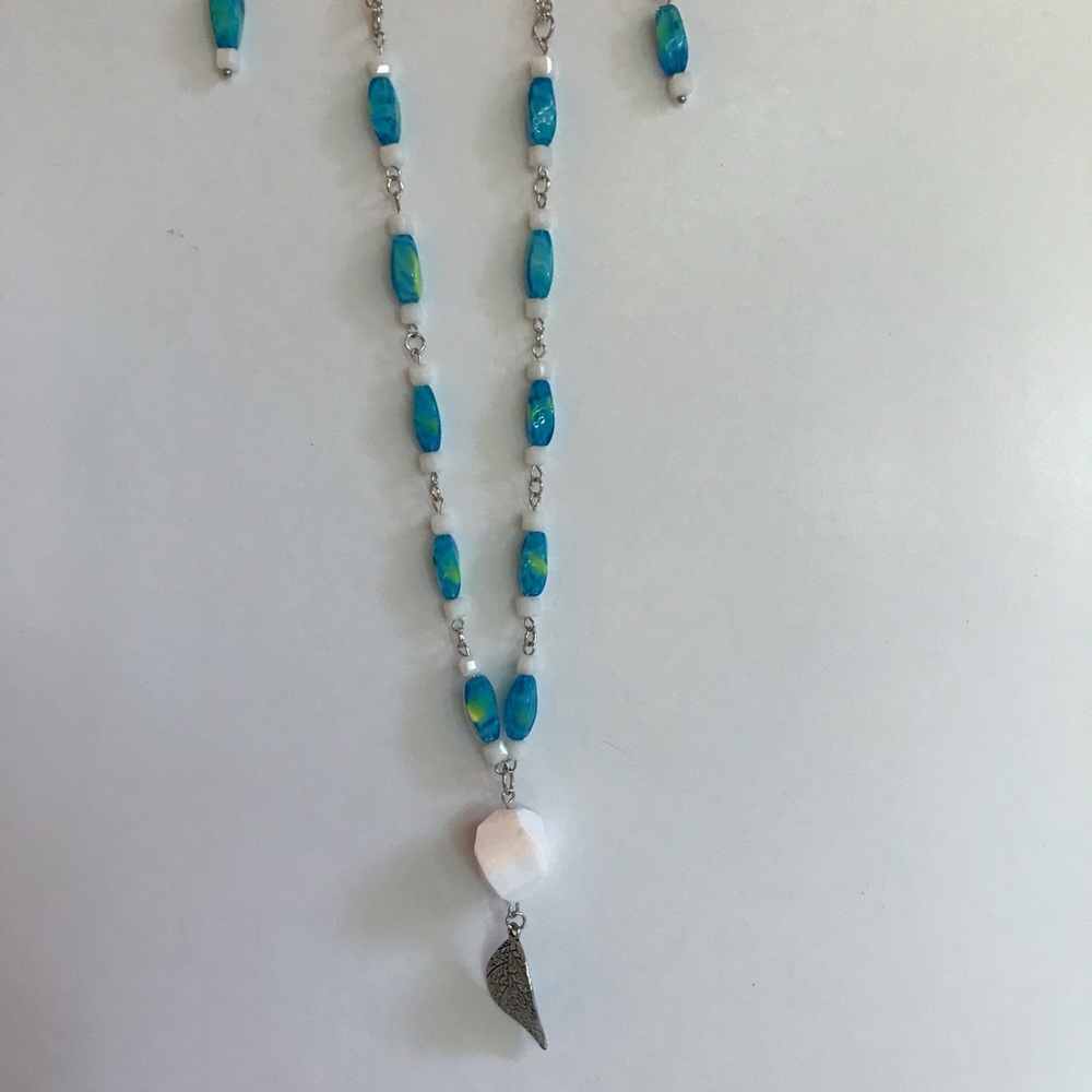 Hand crafted necklace…glass beads with silver leaf… matching earrings
